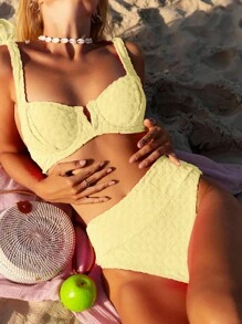 Swim Mod Women's Solid Yellow Shoulder Knot Sexy Bikini Set For Summer Beach, Bathing Suit