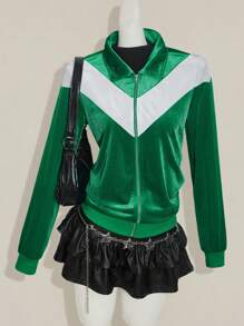 SHEIN ICON Women's Going Out Green Back To School Preppy Casual Colorblocked Patchwork Jacket, Spring/Autumn - Green - View 3