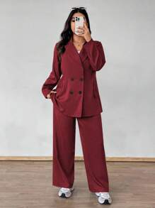 Vionelle Bộ đồ vest thường ngày tay dài cài hai hàng khuy màu trơn cho nữ cỡ lớn - Màu Đỏ Sâu - Xem 6