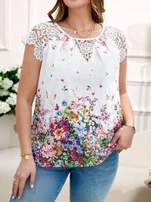 Reflora Áo sơ mi thời trang nữ cỡ lớn in hoa ren chắp vá, trang phục thường ngày, áo mùa hè thanh lịch, trang phục nghỉ dưỡng cho nữ, áo hoa mùa hè, trang phục đi biển cho nữ, trang phục nghỉ dưỡng, áo thường ngày cho nữ, áo trắng - Nhiều màu - Xem 7