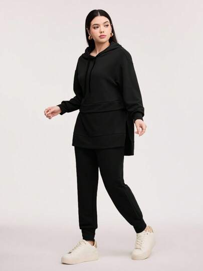 Veilorie Sudadera con capucha y pantalón de chándal con abertura lateral y cordón, conjunto casual de primavera/otoño para mujer con bolsillo y manga tres cuartos, ajuste regular, sudadera y pantalón de chándal negros de hombros caídos, conjunto de 2 piezas para actividades al aire libre