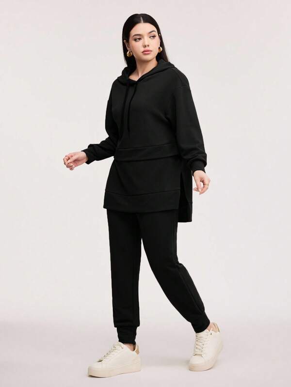 Veilorie Drop Shoulder Split Hem Drawstring Hoodie & Sweatpants,Ladies Spring/Fall Casual Drawstring,Pocket Three Quarter Length Sleeve Regular Fit Black Drop Shoulder Sweatshirt Sweatpants Women Two Pieces Outfits , Outdoor Activities 2 Pieces Set