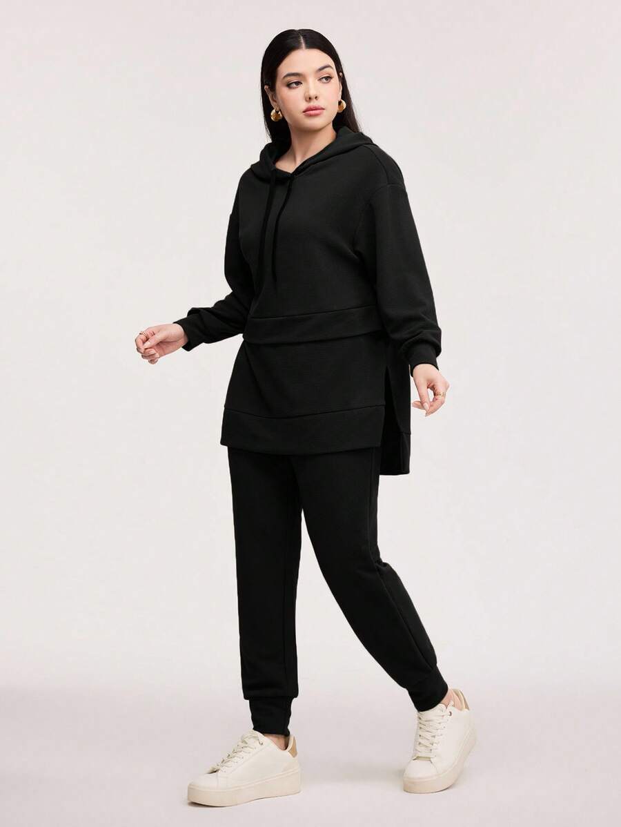 Veilorie Drop Shoulder Split Hem Drawstring Hoodie & Sweatpants,Ladies Spring/Fall Casual Drawstring,Pocket Three Quarter Length Sleeve Regular Fit Black Drop Shoulder Sweatshirt Sweatpants Women Two Pieces Outfits , Outdoor Activities 2 Pieces Set - Black - View 1