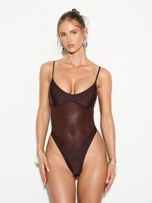 KIZN High Cut Brazilian One Piece Swimsuit With Mesh Panel Detail Beachwear High Leg Cut Bathing Suit Perfect For Beach Pool Summer Vacation - Brown - View 1