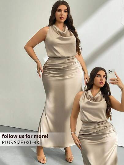 Firerie 2 件套女式缎面褶皱领口系带衬衫和褶皱长裙，适合情人节、音乐会、表演、约会、派对、婚礼、性感、优雅、通勤、返校、度假、海滩、大码、2 件套夏季服装、商务休闲女装