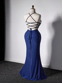 Viva Relle 大码女装 女士优雅亮片拼布露背缎面高腰连衣裙、宴会礼服、女士晚礼服 舞会礼服 女士正式舞会礼服 女士优雅连衣裙 女士舞会礼服 - 藍色 - 查看 6