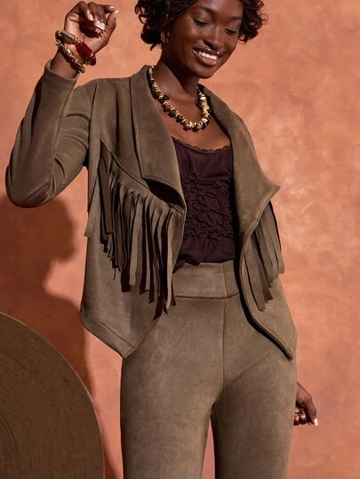 Bóhologie Set di giacca  con dettagli a frange e pantaloni abbinati, outfit elegante e unico in due pezzi, collezione limitata stile boho