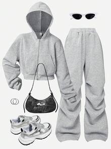 Girlism Teen Girls Casual Knit Hooded Sweatshirt & Sweatshirt Co-Ord Set/Autumn/Winter/Halloween,Glowmode,Fall,Halloween/Autumn/Christmas/Holiday/Festival/Winter - Grey - View 3