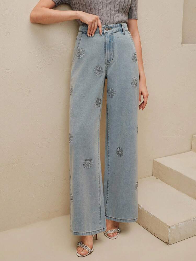Luxury Rhinestone Embellished Women's Light Blue Denim Jeans