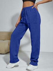 SHEIN Cottnline Women's Solid Color Drawstring Waist Pockets Straight Loose Casual Sweatpants - Royal Blue - View 4