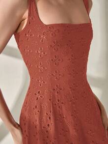 CLARA VERO Elegant Solid Color Hollow Embroidery Sleeveless Dress, Summer - Burnt Orange - View 7
