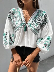 SHEIN Cottnline Blouse With Flower Embroidery, Lantern Sleeves - White - View 3