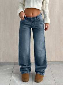 EURMUSE LOW WAIST BAGGY LOOSE STRAIGHT LEG JEAN - Dusty Blue - View 4