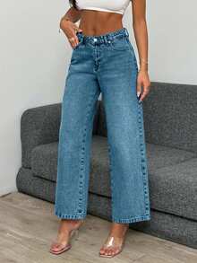EURMUSE High Waist Light Wash Crop Straight Jean - Baby Blue - View 5