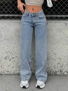 EURMUSE 100%Cotton Petite Low Waist Wide Leg Jeans - Light Wash - View 3