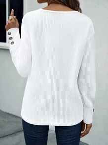 SHEIN LUNE 女士休闲纯色V领长袖T恤 - 白色 - 查看 2