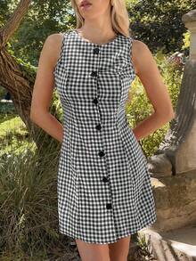 Pariaura 女士红色格子前开式休闲中长连衣裙，度假风 - 黑色 - 查看 3