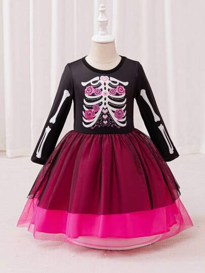 Glamorique Kids Vestido con estampado gráfico lindo y superposición de malla para niña, adecuado para vacaciones y días festivos