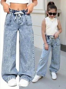 SHEIN Tween Girls' Light Blue Elastic Waist Bow Decor Casual Loose Fit Washed Wide Leg Jeans Fall Winter
