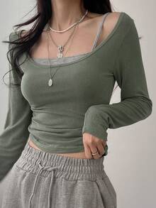 DAZY 2 件女式纯色圆领长袖修身 T 恤和吊带背心套装 - 軍綠色 - 查看 7