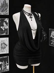 Lyrianda Đầm dự tiệc bãi biển thắt nơ hở lưng cỡ lớn cho nữ - màu đen - Xem 6