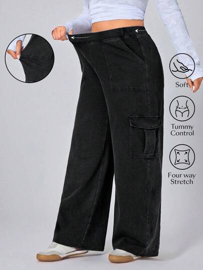 Flexra 大码女式工装口袋宽腿宽松休闲牛仔裤