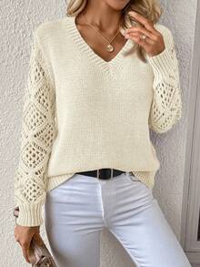 EMERY ROSE Casual Versatile Solid Color Hollow-Out Knit Patchwork Sweater In Fall/Winter - White - View 3