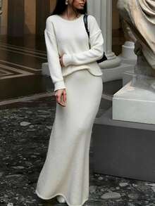 INAWLY 2pcs/Set Cashmere Blend Oversized Pullover Sweater & Skirt Fall Winter Cloth For Women - Beige - View 1