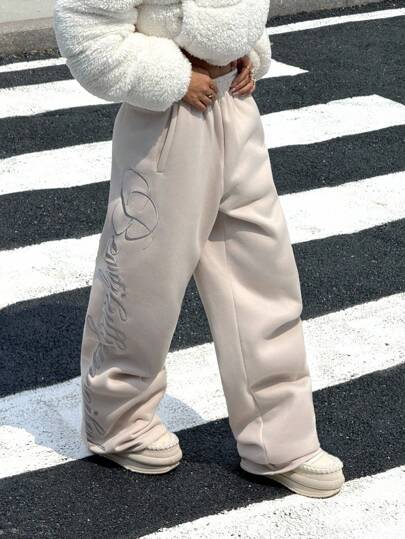 Muchica Embroidered Pattern Thermal Lined Casual Loose Women Sweatpants, Y2k Sweatpants, Baggy Sweatpants,Fall