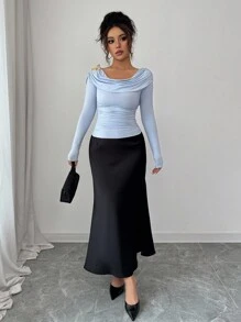 Modelyn Knitted Draped Neck Ruffle Long Sleeve Hollow Back Metallic Butterfly Decor Elegant French T-Shirt Fall Cloth For Women - Blue - View 5
