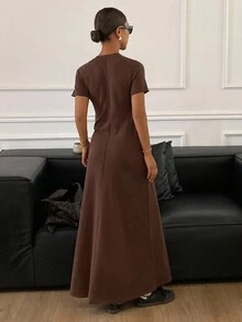 DAZY Váy len dệt kim cổ tròn tay ngắn công sở mùa thu mới cho nữ Váy len nữ - Xám - Xem 2