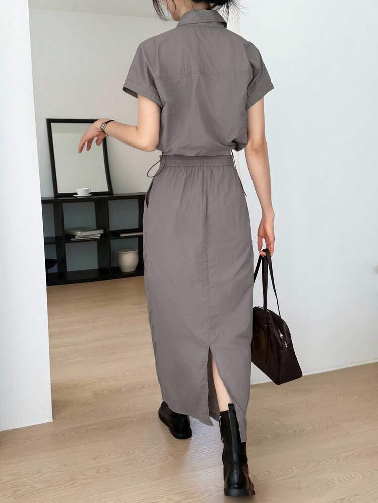 2pcs Women's Business Casual Short Sleeve Button-Up Shirt And Skirt Set, Autumn