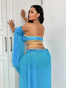 Fantasy Costume 5件大码女士露肩交叉镂空设计内衣套装 - 藍色 - 查看 2