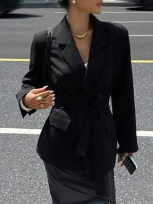 DAZY Women's Elegant Solid Color Waist Belt Blazer, Autumn Business Attire - Black - View 7