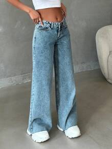 SHEIN PETITE 100%纯棉低腰毛边雪花洗阔腿牛仔裤