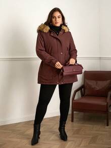 Chikora 大码女式加厚保暖棉质外套（仿毛皮），适合秋季、冬季、外出、工作、办公室等各种场合，也适合商务女性穿着。 - 棕色 - 查看 4