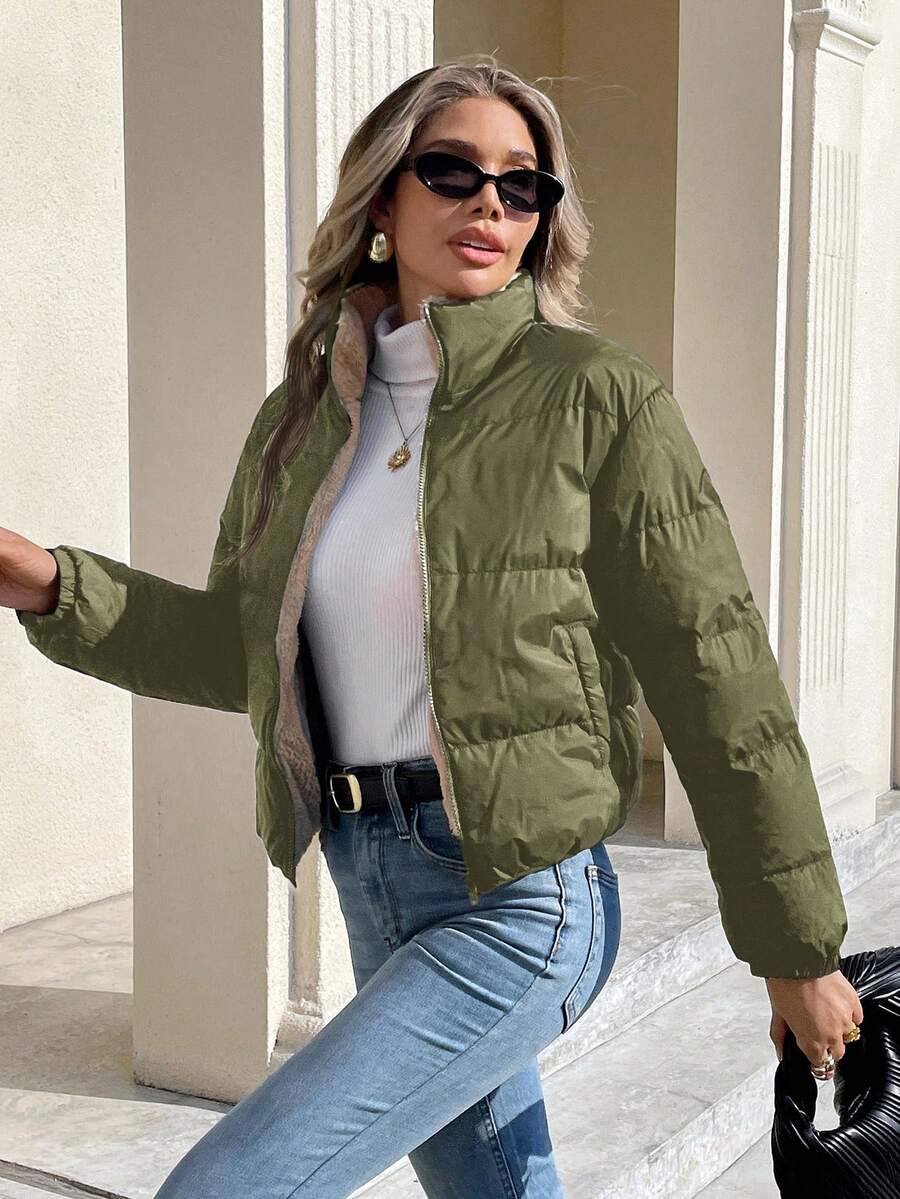 Siren Gaze Women's Solid Color Long Sleeve Zipper Front Casual Winter Jacket Green Casual Green Christmas - Army Green - View 1