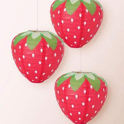 3 đèn lồng giấy hình quả dâu tây màu đỏ/hồng, đồ trang trí tiệc sinh nhật, lễ hội, đèn lồng treo