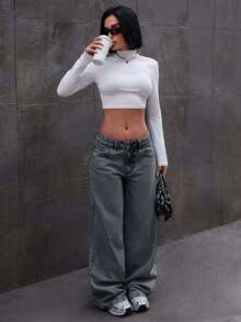 EURMUSE LOW RISE WIDELEG JEAN WITH BOW DETAILS - Grey - View 5