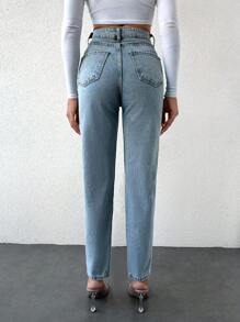 EURMUSE 100%Cotton High Waist Slant Pocket Casual Mom Fit Jeans - Blue - View 2
