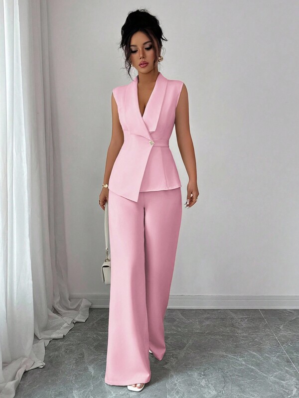 Selianne Women's Elegant Office Commute Afternoon Tea Party Outfit, Collared Asymmetric Hem Sleeveless Blazer Jacket With Metal Waist Buckle Decor, Paired With Elastic Waist Trousers, 2 Pieces Suit Set, Spring/Summer