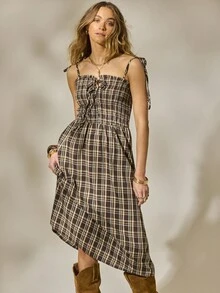 Aralina 夏季秋季冬季西部格子金汉褶皱迷你连衣裙乡村音乐会服装 - 彩色 - 查看 5