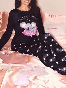可爱考拉印花女士长袖上衣长裤睡衣套装，秋季甜梦睡衣套装，秋冬服装