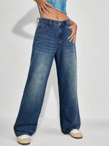 SHEIN EZwear 女士休闲直筒纽扣口袋牛仔裤，百搭日常穿着 - 藍色 - 查看 5