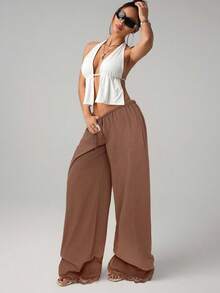 SHEIN ICON Quần ống rộng ống đứng cạp siêu thấp bằng vải lanh trắng có viền ren, dài đến mắt cá chân - màu nâu - Xem 6