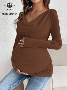 SHEIN 孕妇纯色褶皱领口长袖修身休闲T恤 - 咖啡棕 - 查看 3