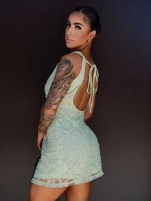 SAYEHFBABY Vestido curto feminino sexy com babados, costas nuas, chiffon bordado, bodycon, vestido de férias, primavera/verão