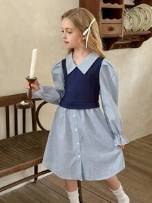 LMoss Kids LMoss 青少年女孩海軍藍白條紋長袖洋裝，可愛法式領口休閒校服裙，秋季返校青少年服飾 - 藍白色 - 查看 3