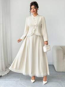 SHEIN Elenzya 加大码清爽梭织面料高领长袖不对称弧形开口金色纽扣装饰收腰 A 字下摆荷叶边修身衬衫 + 收腰伞形下摆荷叶边裙，优雅适合外出、通勤、聚会、约会，2 件套秋季女士服装 - 杏色 - 查看 3