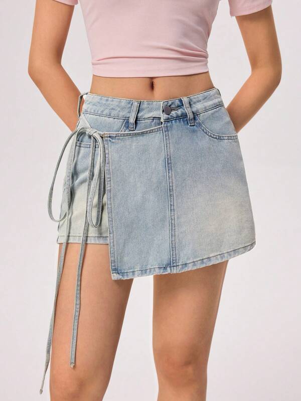 Rivivi Women's Asymmetric Hem Casual Denim Skorts With Side Tie